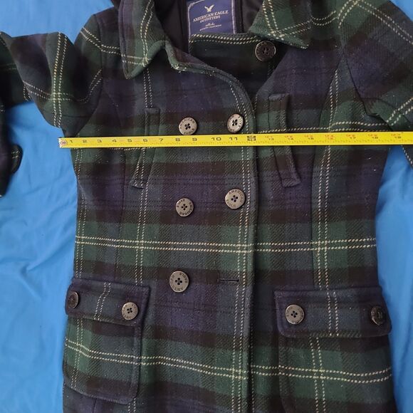 American Eagle Wool Pea Coat Womens Medium Green Blue Plaid Button Pockets *READ - Picture 6 of 10